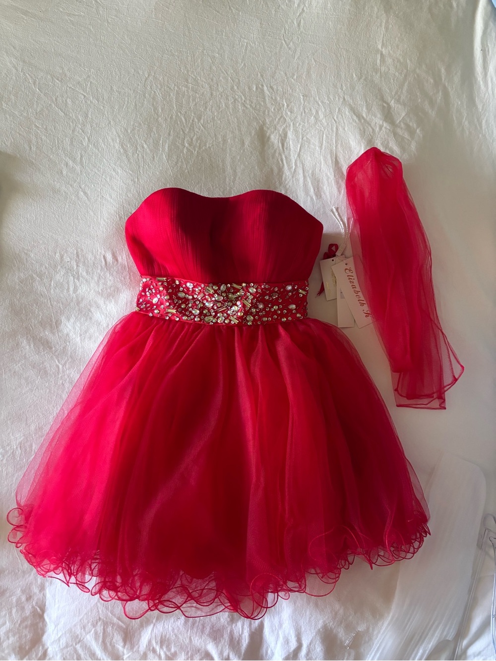 Elizabeth K Strapless Red Party Dress with Embellished Waist